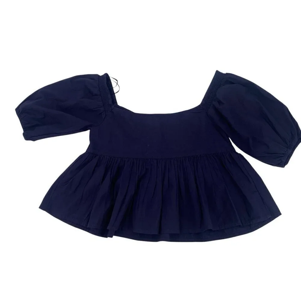 Free People Veronica Sweetheart Top Puff Sleeve top Size XS Navy Blue
